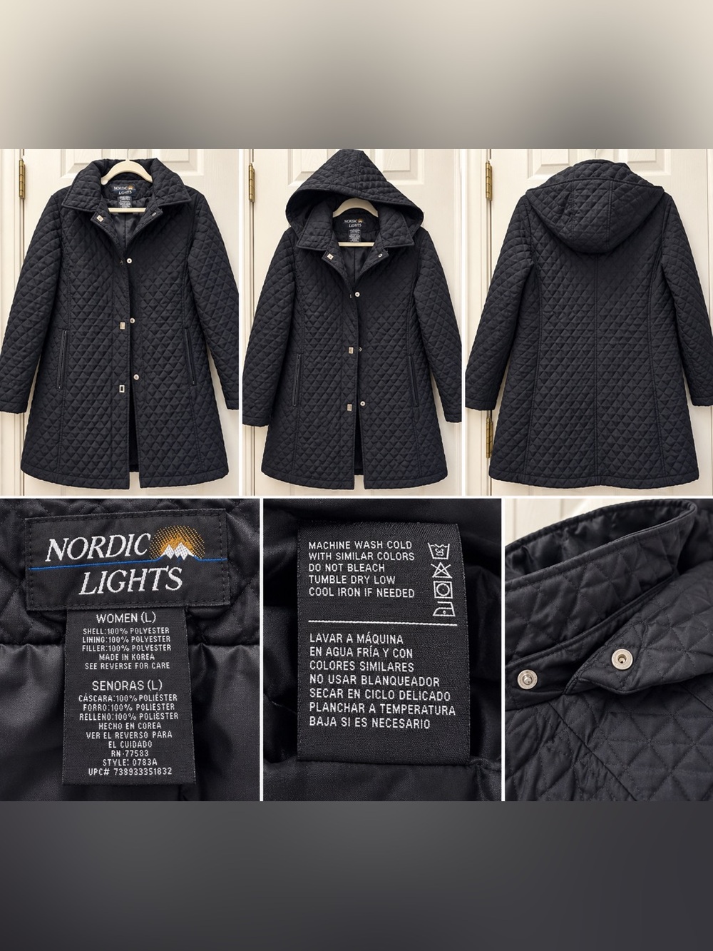 Nordic Lights Black Quilted Hooded Long Coat Women’s L Made Korea